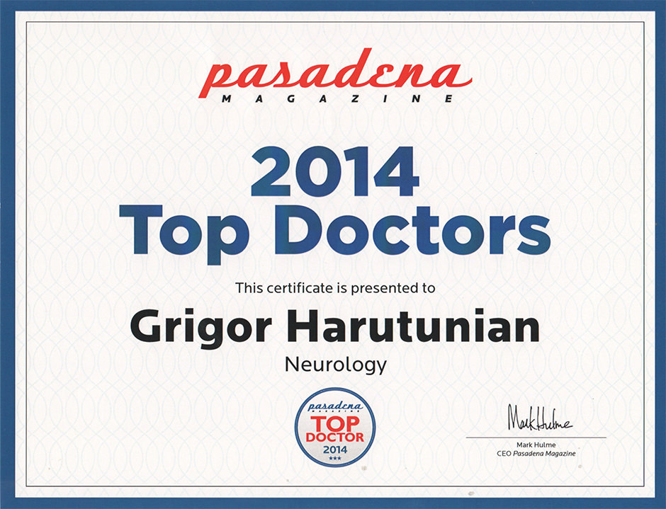 Dr. Grigor Harutunian awarded as part of the 2014 Pasadena Magazine Top Doctors